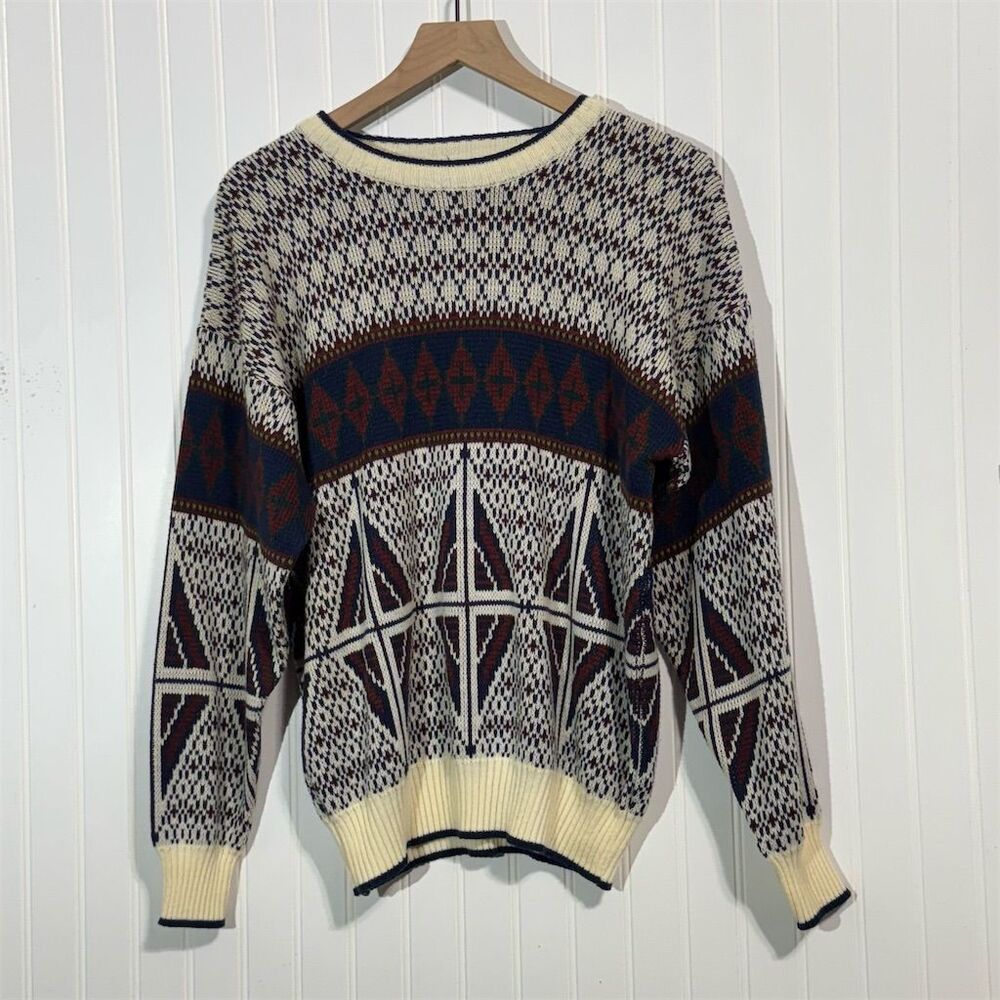 Vintage Neil Martin Sweater L Geometric Knit Made in Korea 90s Ski Lodge Dadcore